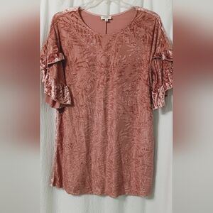 Umgee Dress Pink Velvet Ruffle Sleeve Leaf Print Dress Womens Size M